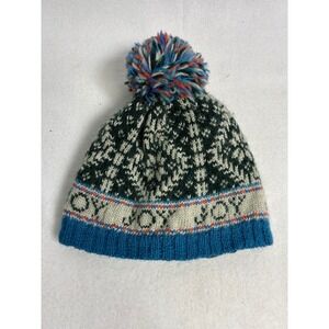 Après Ski French Knot Womens OS Blue Fair Isle Wool Fleece Lined Joy‎ Pom Beanie